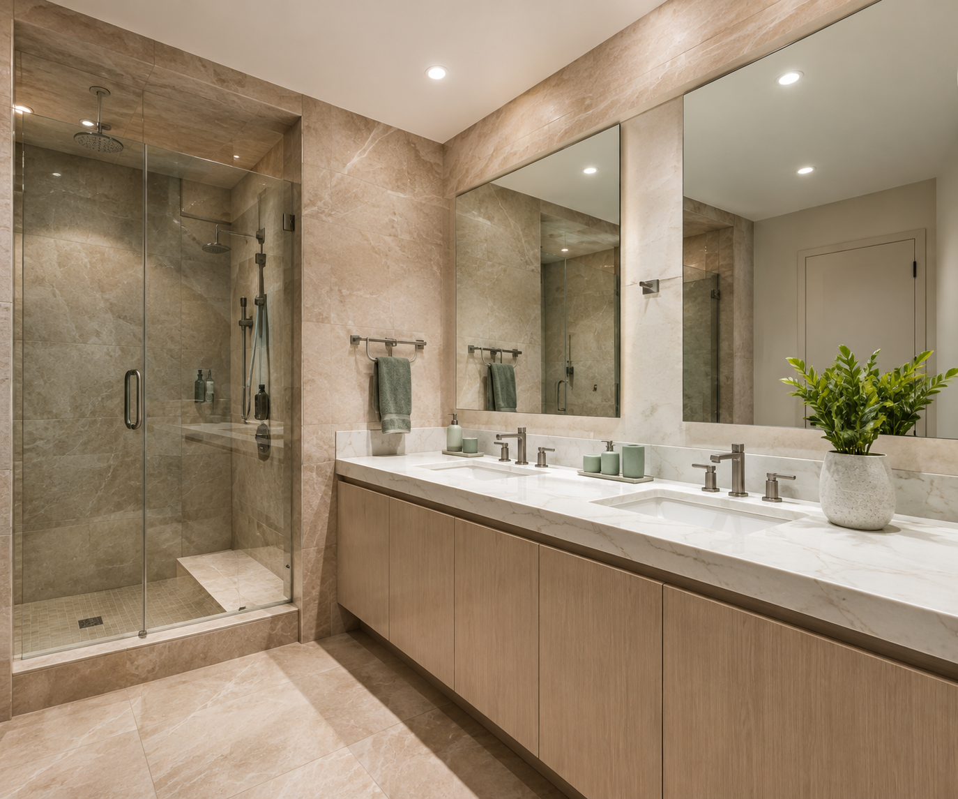 Bright bathroom remodeling design with a walk-in shower and oak vanity in Oakland