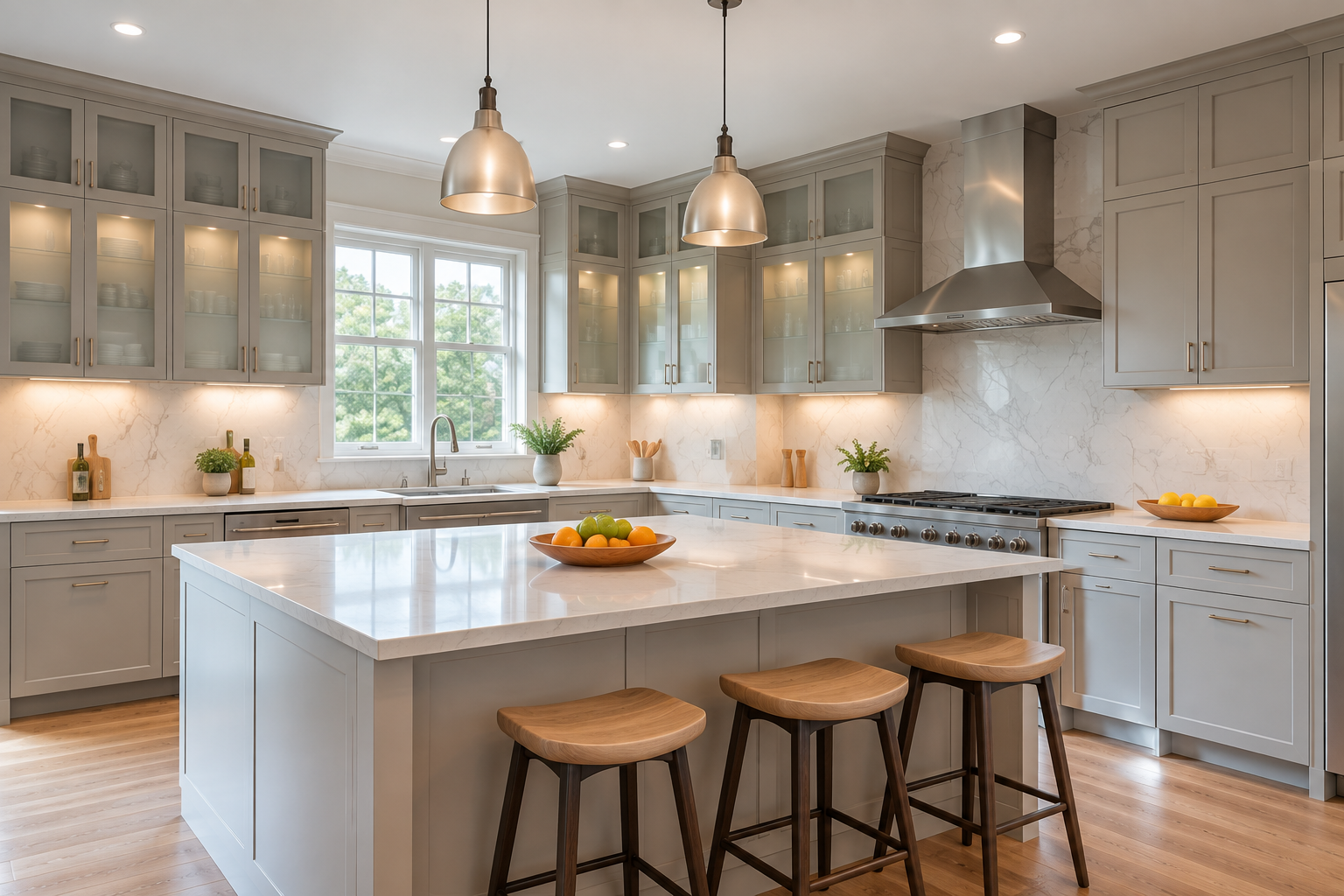 Oakland kitchen remodeling design with a large island and warm pendant lights