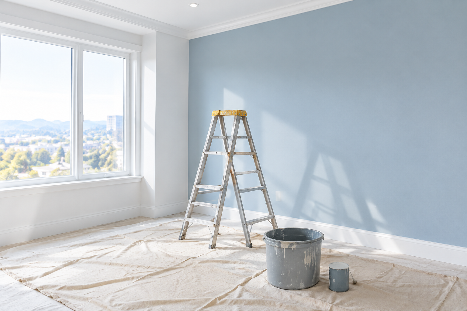 Interior painting project with a soft blue wall in an Oakland residence