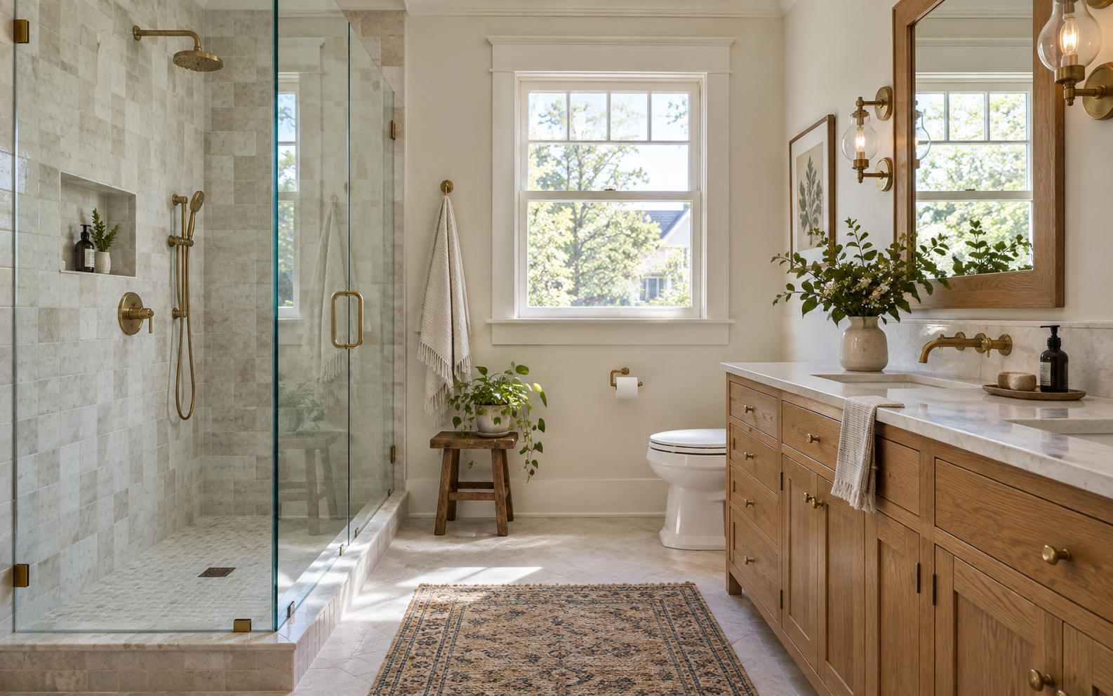 Bright bathroom remodeling design with a walk-in shower and oak vanity in Oakland