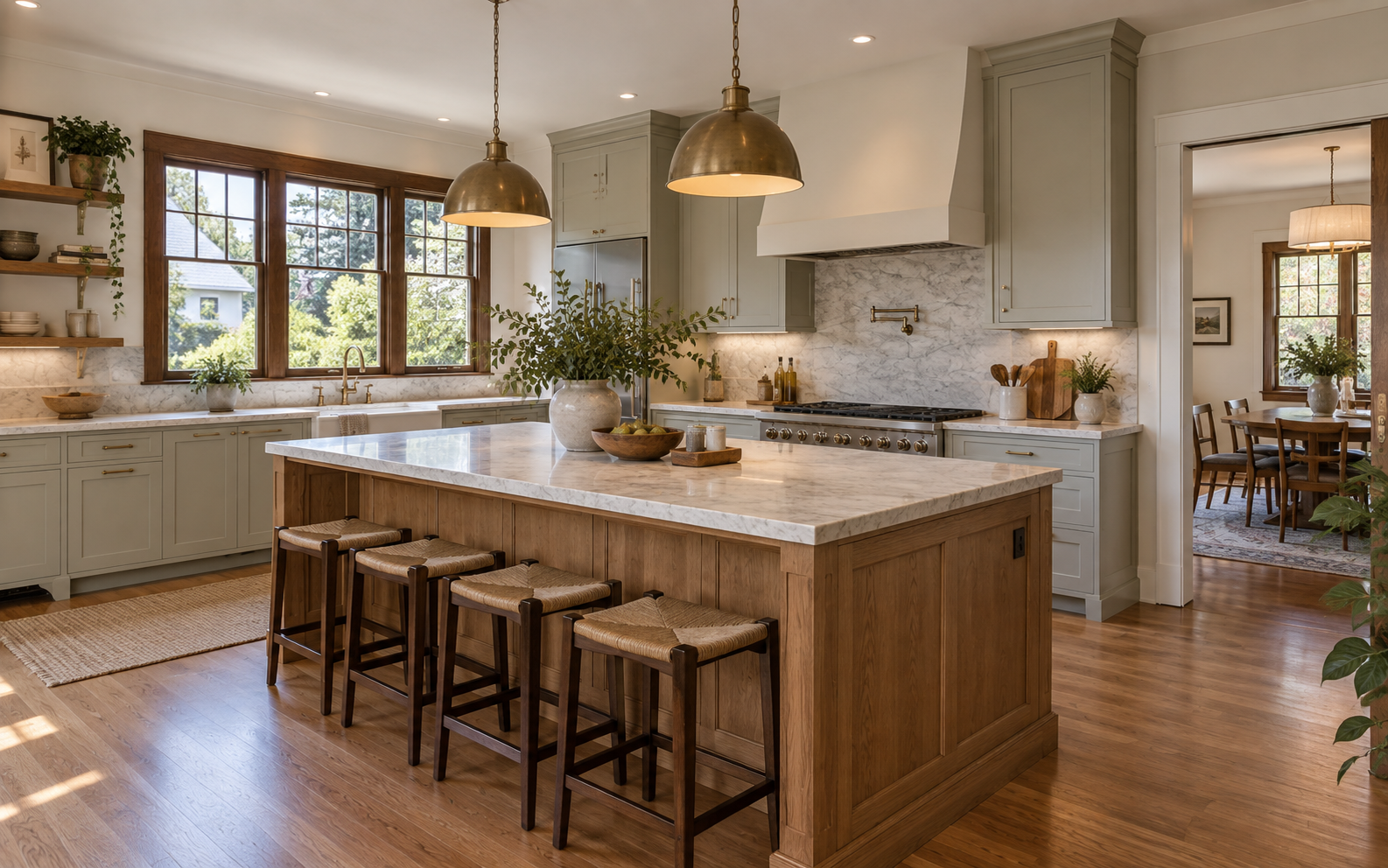 Oakland kitchen remodeling design with a large island and warm pendant lights