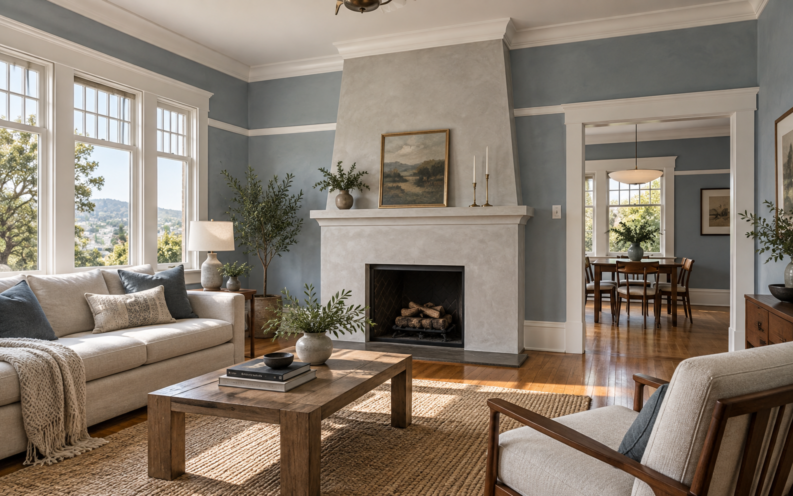 Interior painting project with a soft blue wall in an Oakland residence